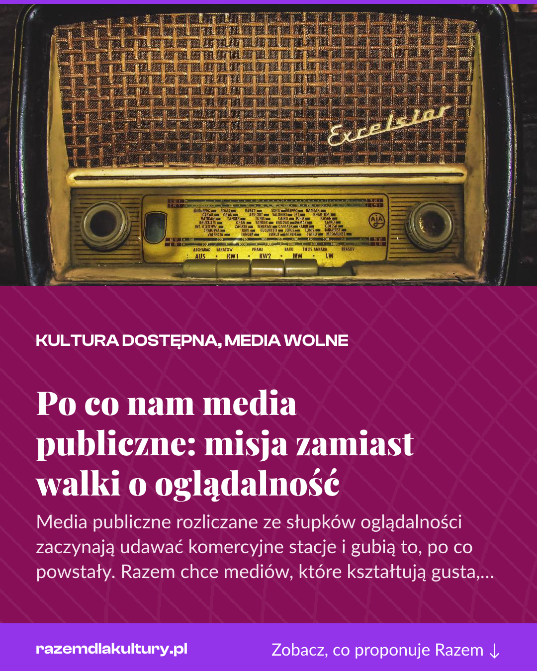 Grafika pionowa do udostępnienia: Po co nam media publiczne: misja zamiast walki o oglądalność