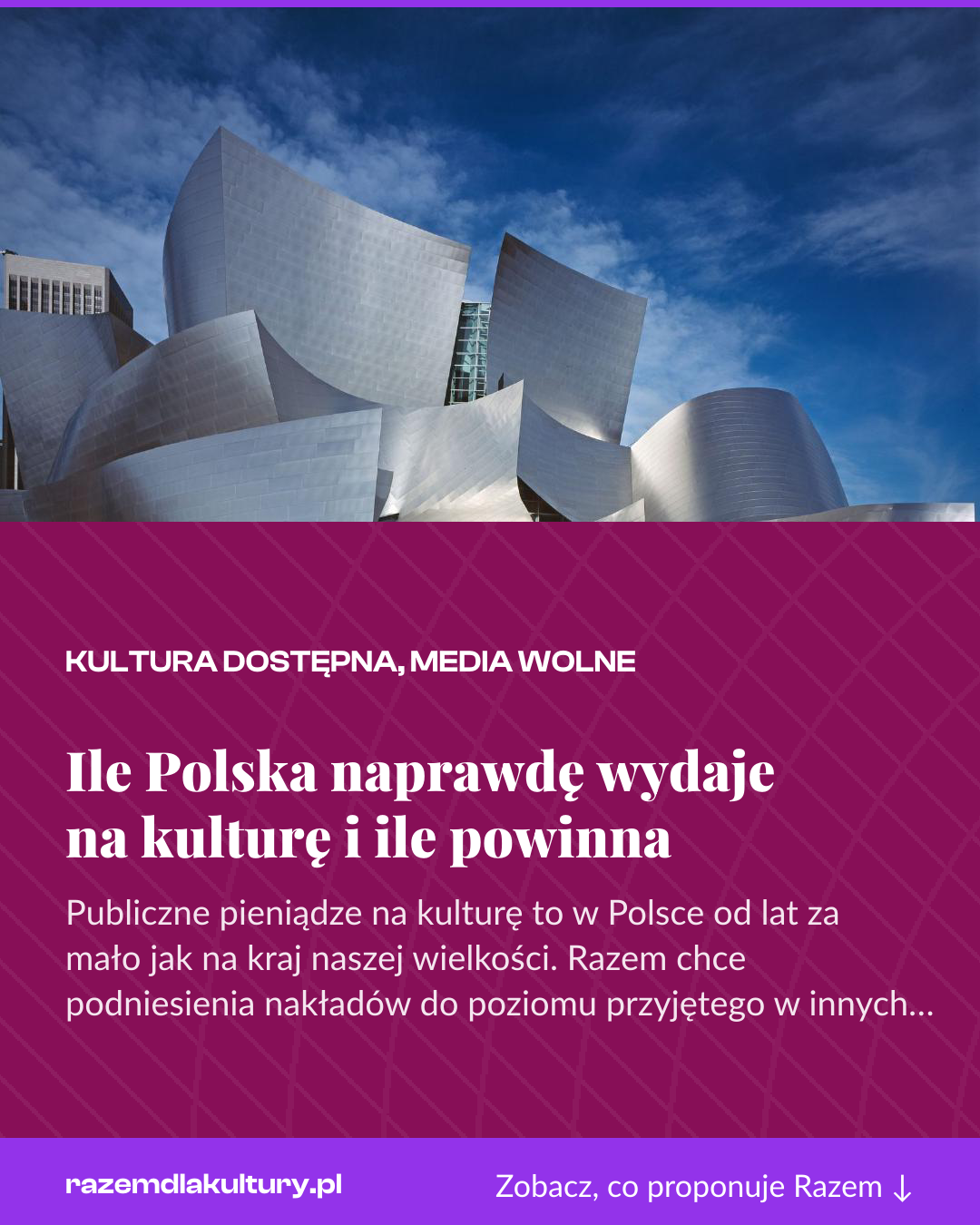 Grafika pionowa do udostępnienia: Ile Polska naprawdę wydaje na kulturę i ile powinna