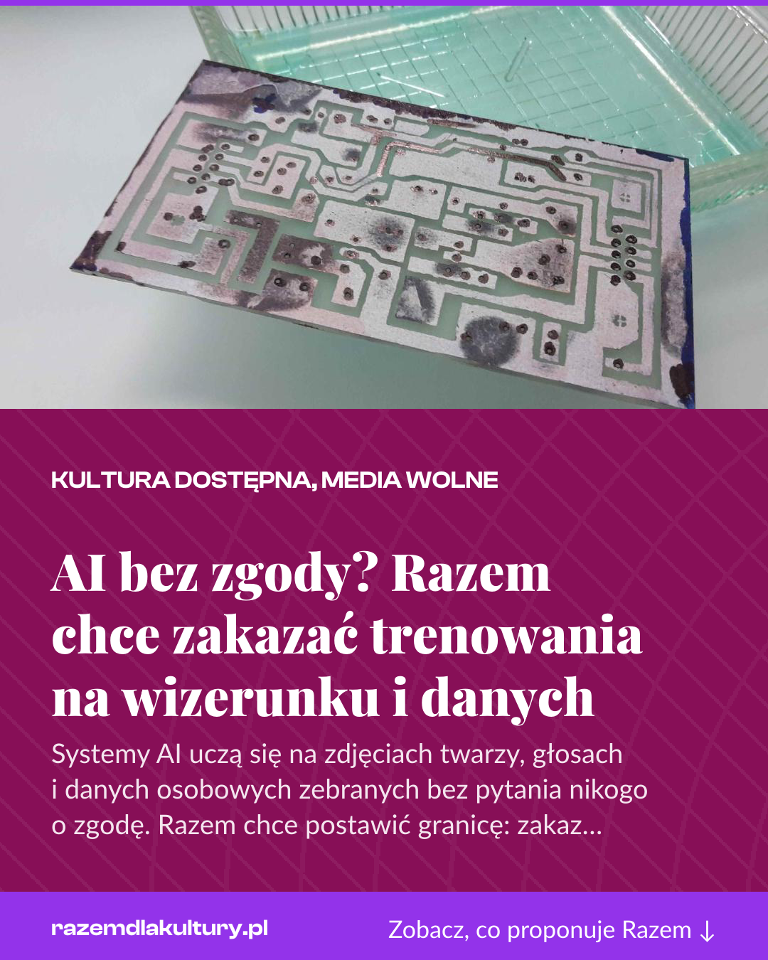 Grafika pionowa do udostępnienia: AI bez zgody? Razem chce zakazać trenowania na wizerunku i danych